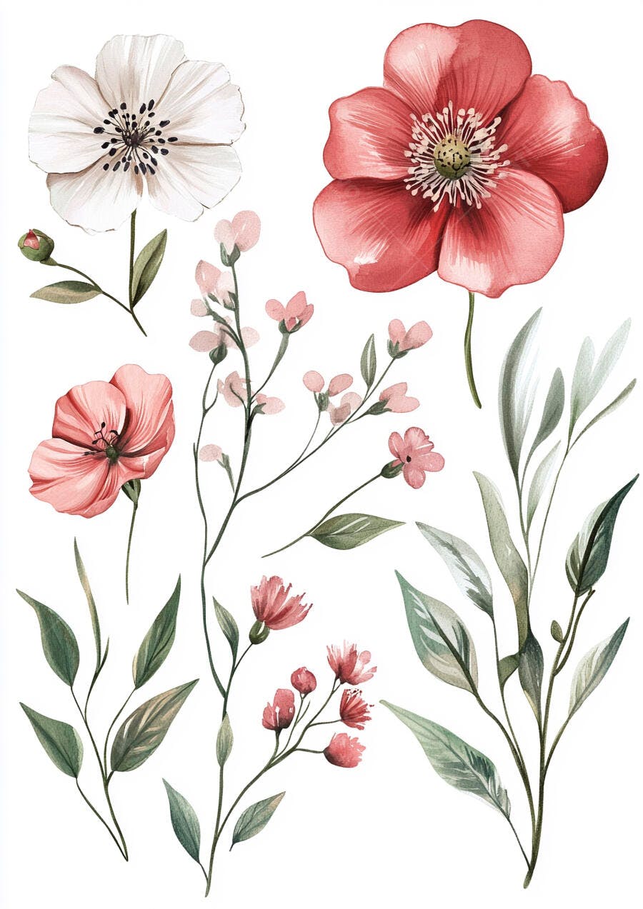 Ilustração floral aquarela flores brancas vermelhas e folhas verdes