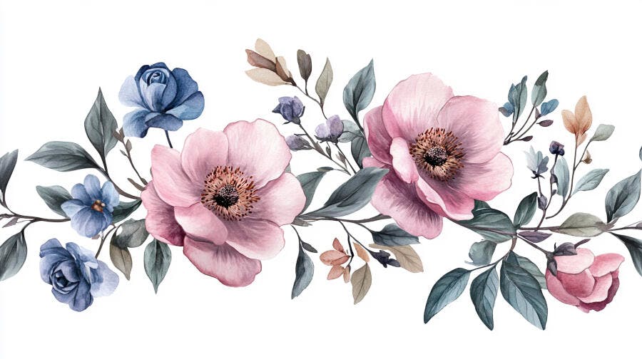 Arranjo floral aquarela com peônias rosas e rosas azuis vibrantes