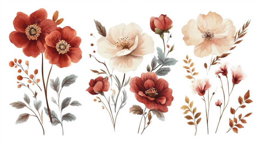 Flores em aquarela tons terrosos e creme estilo botânico