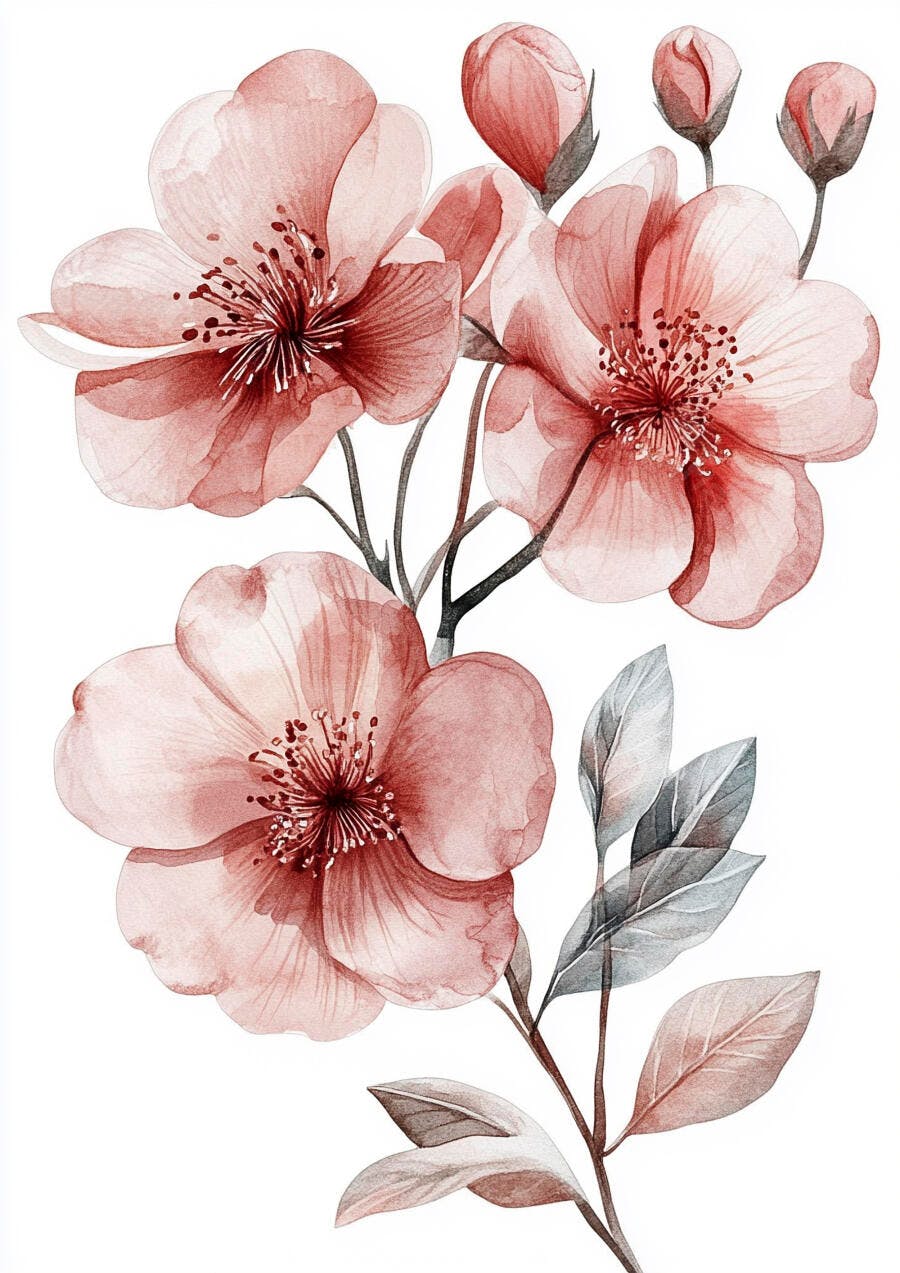 Flores de aquarela rosa e coral buquê delicado sobre branco