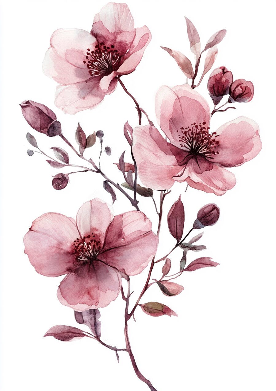 Flores em aquarela rosa delicadas com botões florais