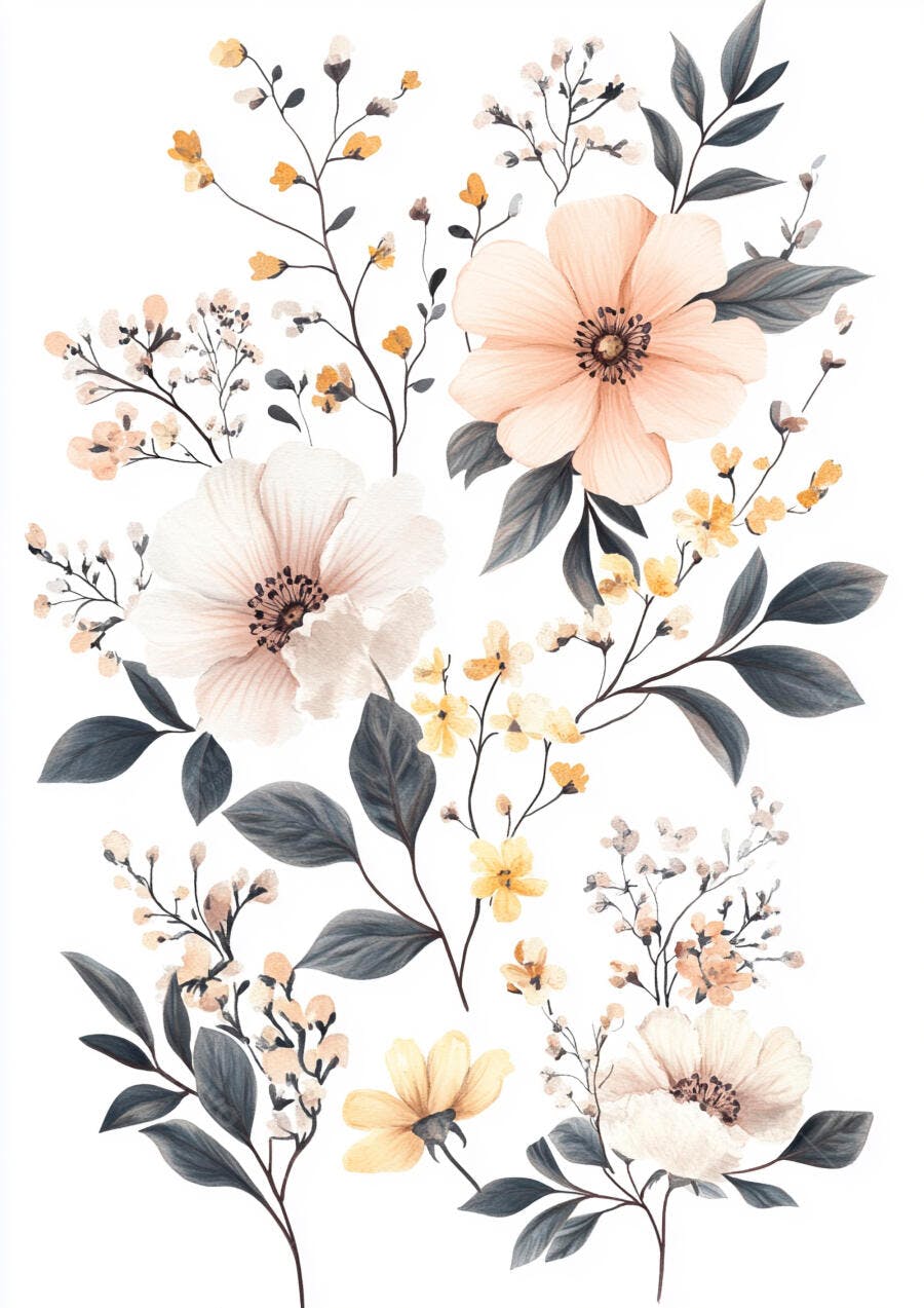Flores aquarela pêssego creme e amarelas com folhagens cinza azulado em fundo branco