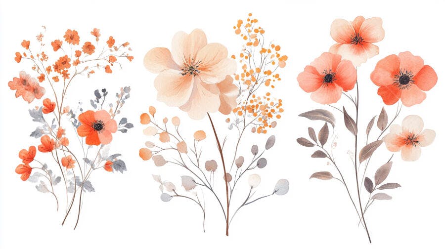 Flores em aquarela coral pêssego e cinza composição botânica delicada