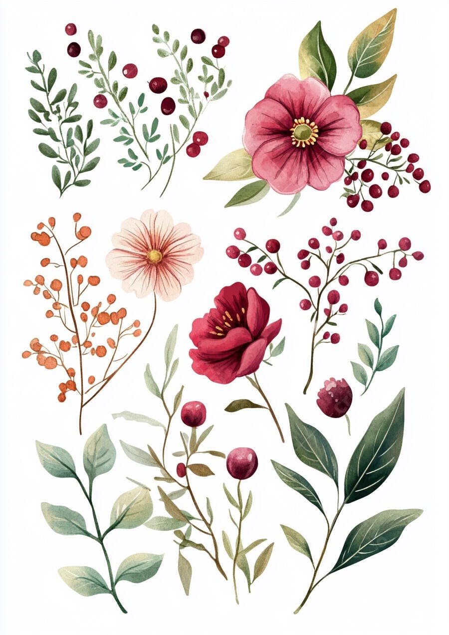 Ilustração aquarela flores vermelhas rosas e folhagens botânicas