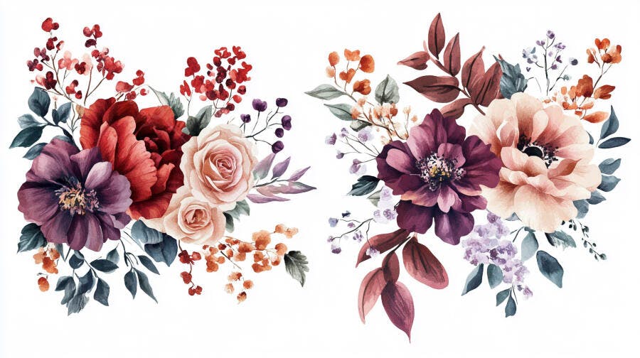 Arranjos florais em aquarela com rosas e peônias tons outonais