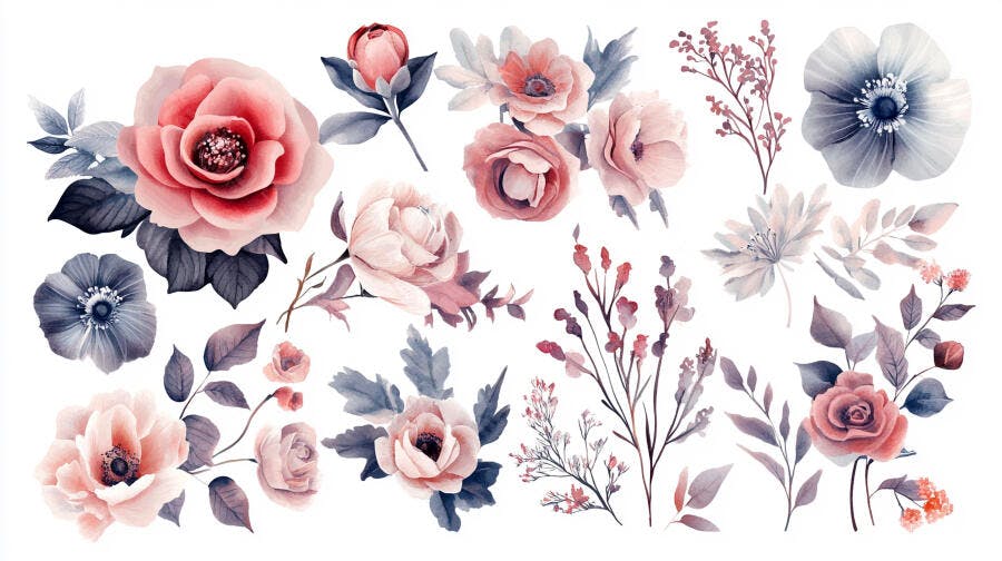Ilustração aquarela de flores rosas e folhagens em tons pastel