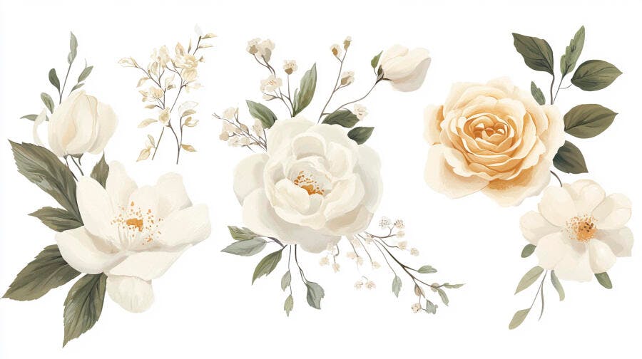 Coleção de flores em aquarela brancas e cremes com folhagem verde suave