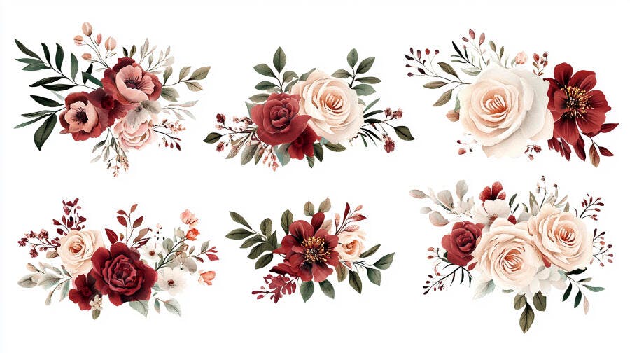 Arranjos florais aquarela rosas vermelhas e folhas verdes em fundo branco