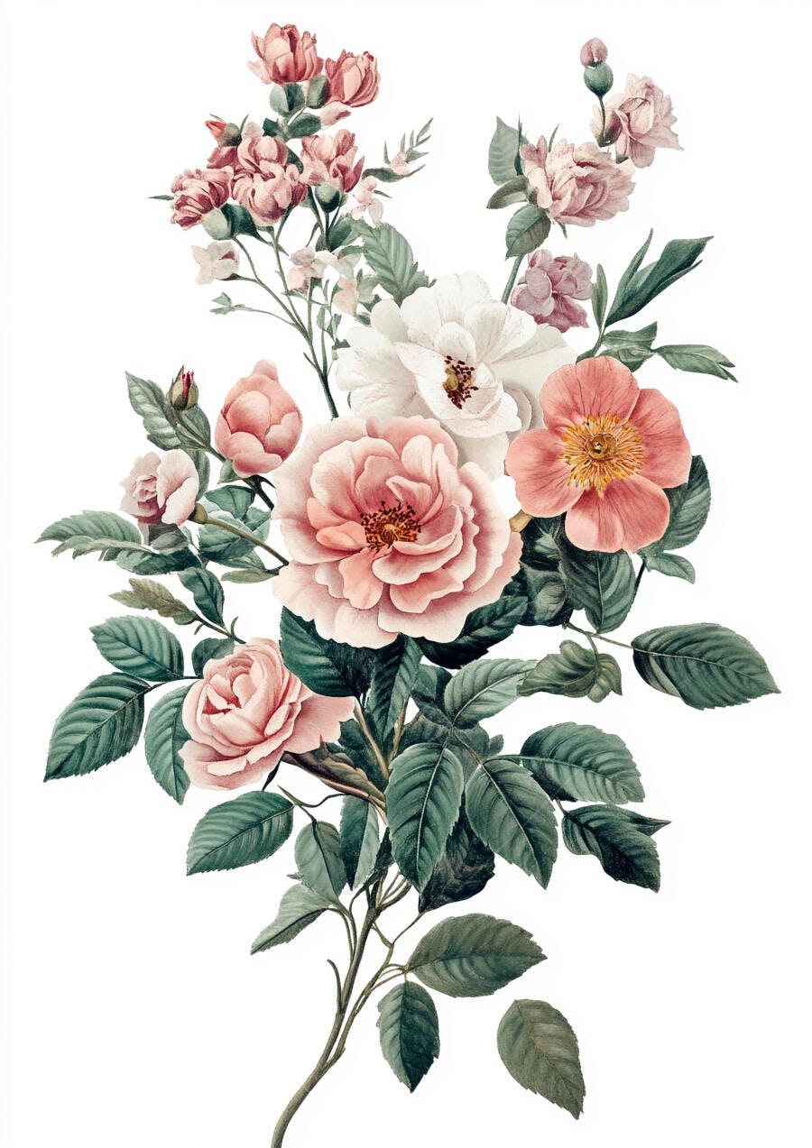 Buquê de rosas clássicas tons de rosa e branco ilustração botânica vintage