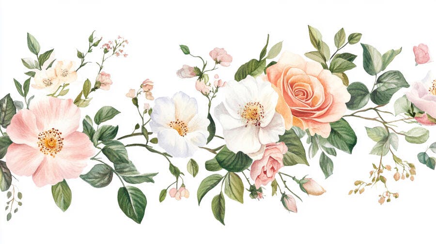 Arranjo floral aquarela rosas e botões em tons pastel