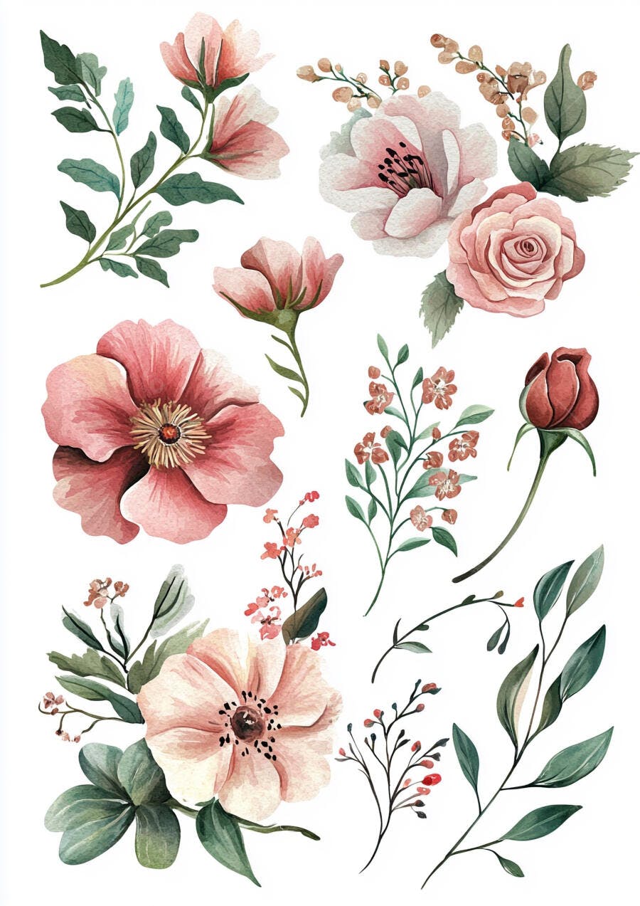 Flores aquarela rosa e folhagens verdes conjunto botânico delicado