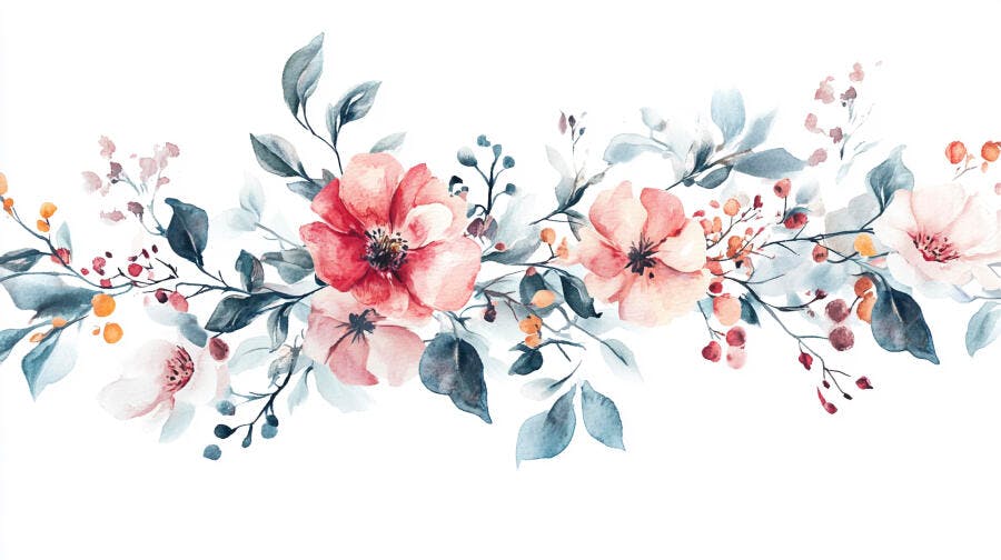 Arranjo floral em aquarela com flores rosa e folhas azuis delicadas