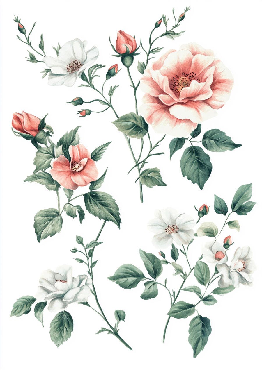 Rosas pêssego e brancas aquarela botânica desenho floral delicado