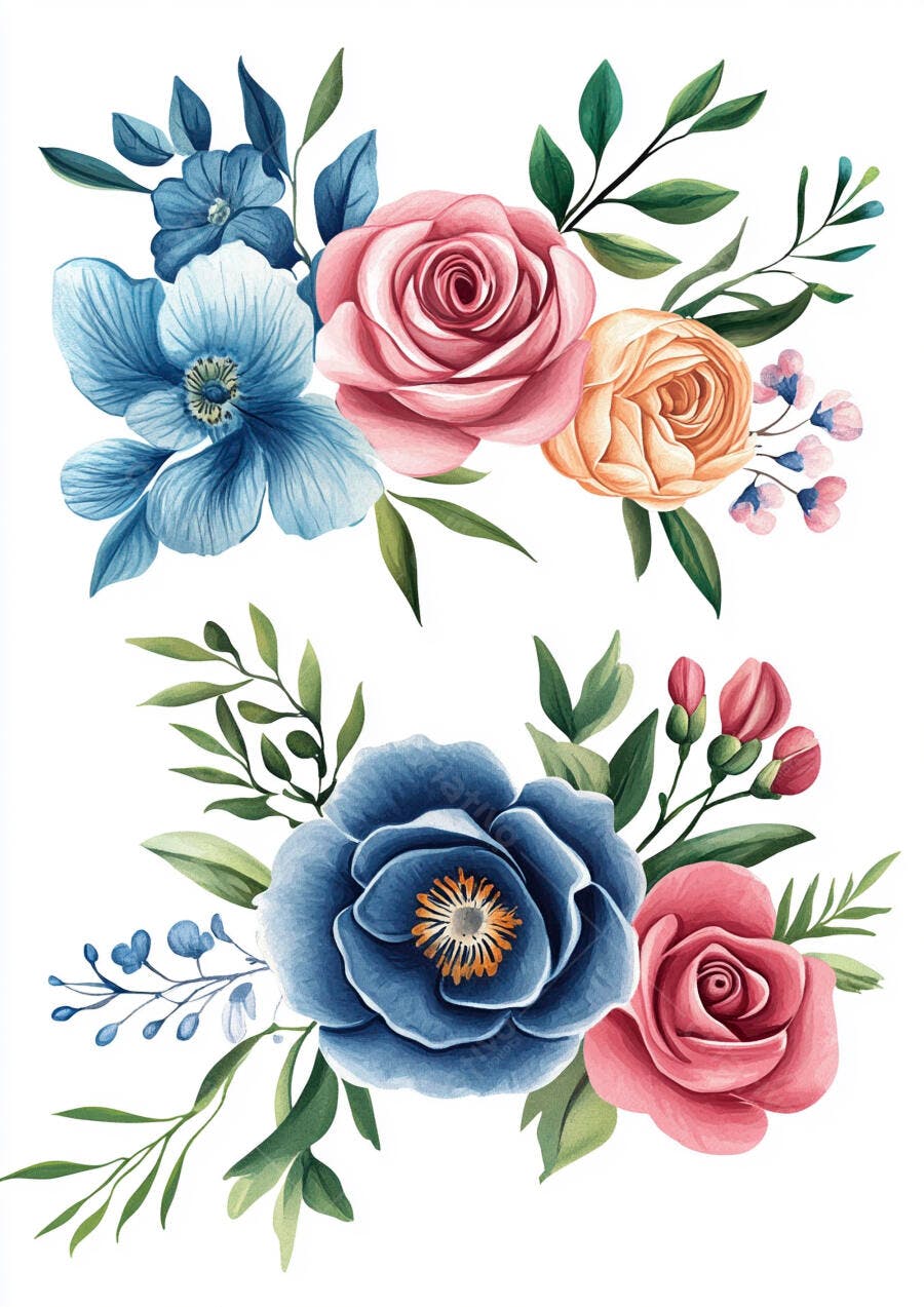 Buquês florais em aquarela com rosas azuis e pêssego em fundo branco