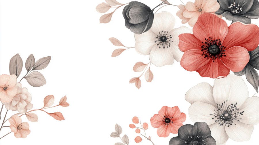 Flores em aquarela brancas coral e cinzas delicadas