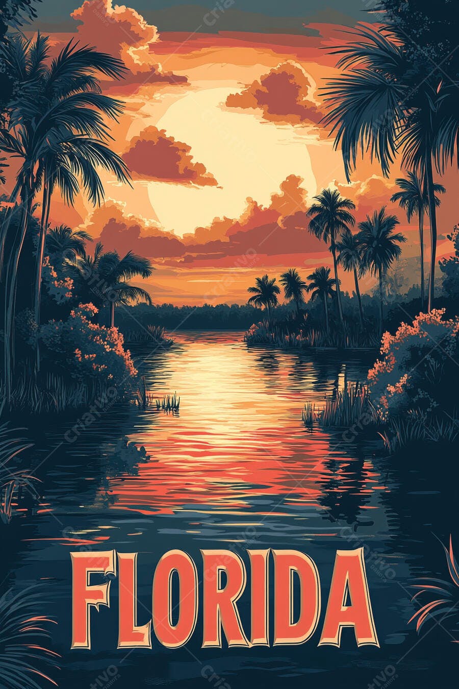 Pôr do sol tropical na Flórida com palmeiras e rio ilustração estilo vintage