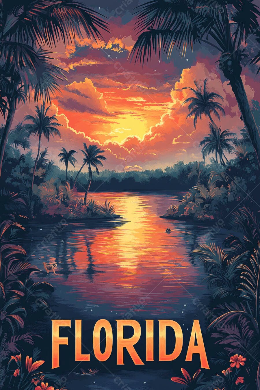 Pôr do sol laranja roxo na Flórida palmeiras e lagoa serena ilustração tropical