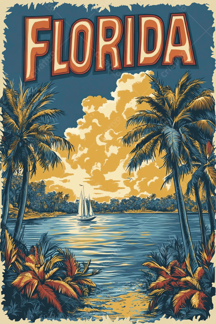 Pôster vintage Flórida paisagem tropical com palmeiras e barco