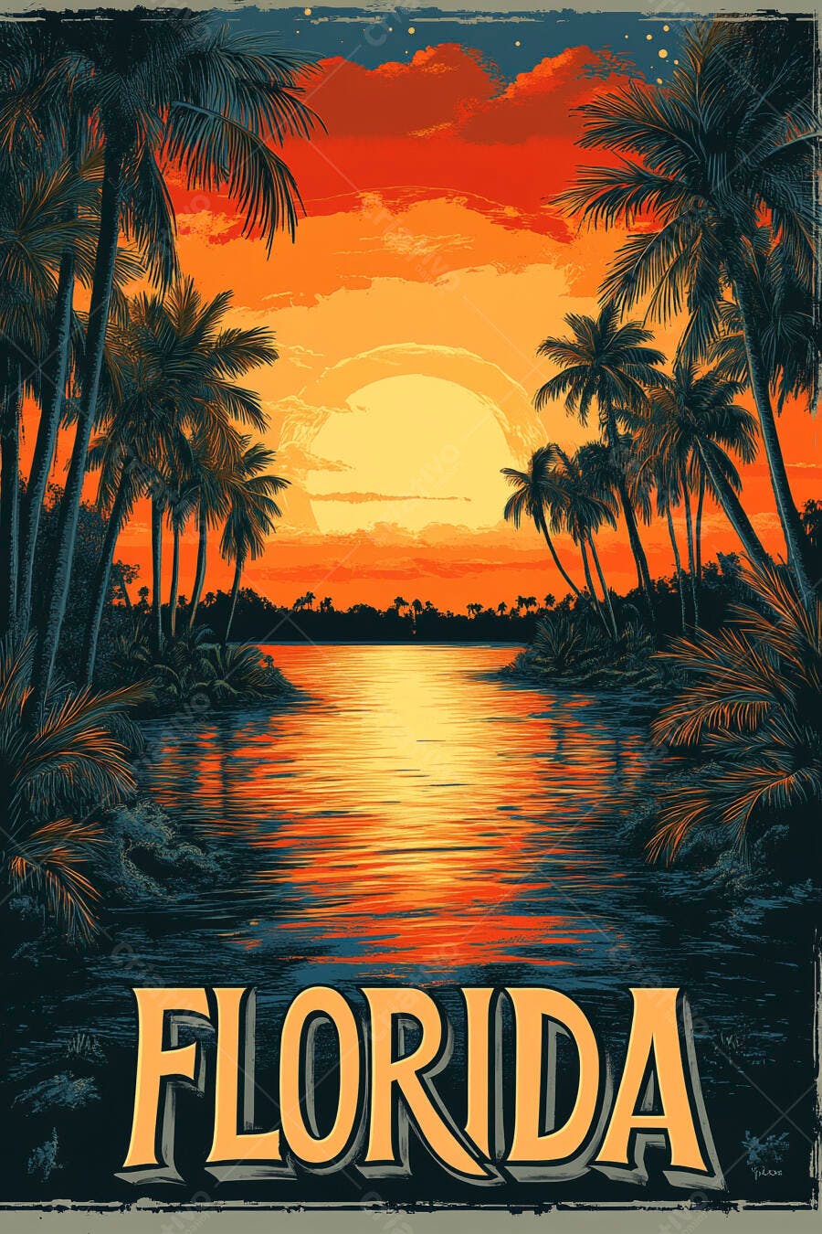 Pôster vintage Flórida pôr do sol tropical palmeiras rio
