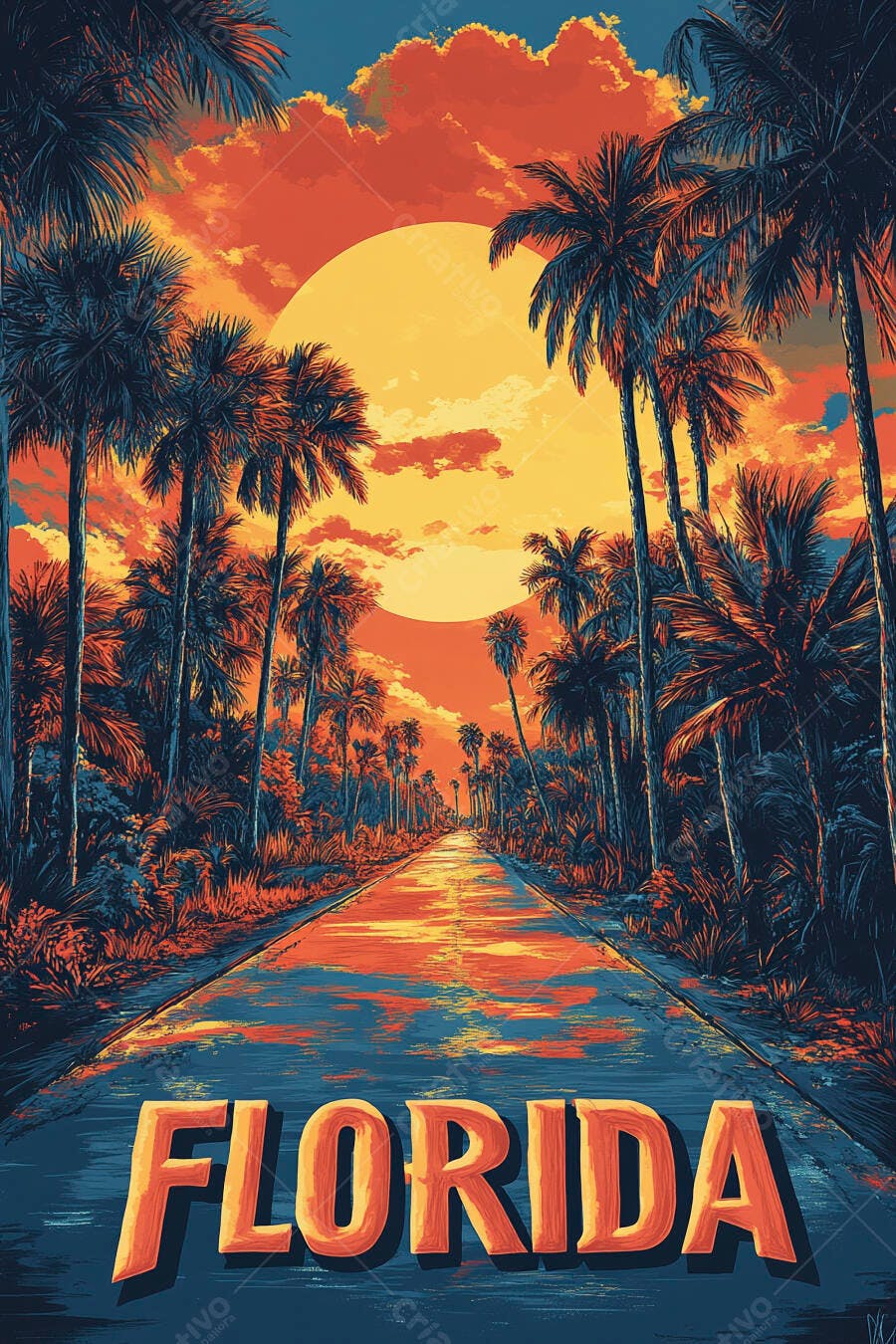 Flórida pôr do sol tropical com palmeiras à beira de estrada retrô