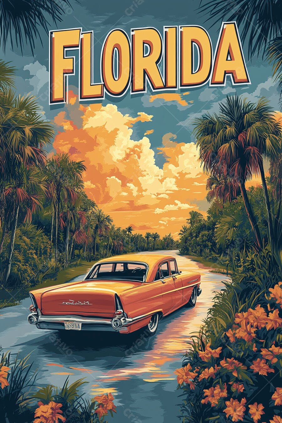 Carro clássico laranja em estrada florida com palmeiras e pôr do sol