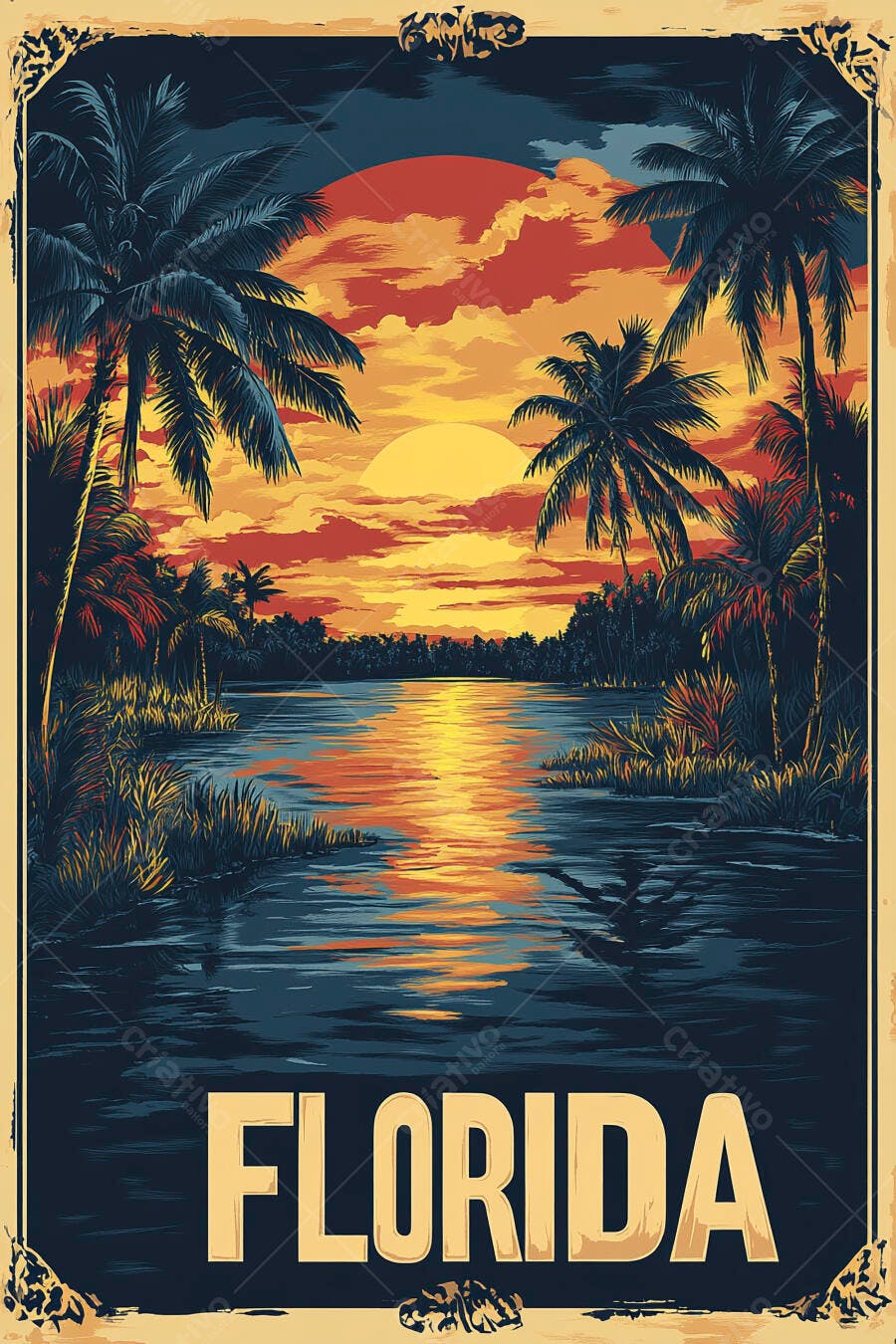 Pôster vintage Flórida pôr do sol tropical com palmeiras e rio