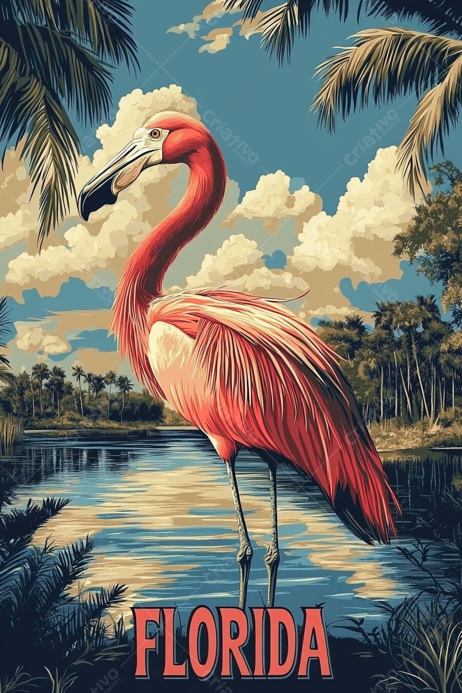 Flamingo rosa em lago tropical da Flórida com palmeiras e céu azul