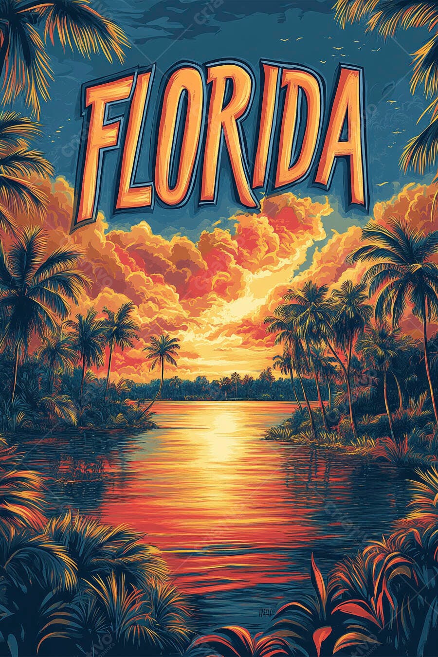 Florida ilustração pôr do sol tropical com palmeiras e lago vibrante