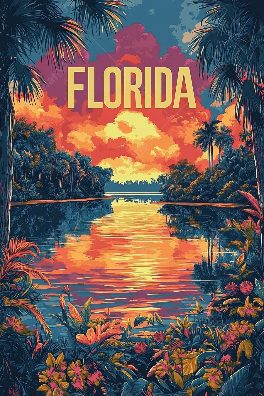 Florida paisagem tropical ao pôr do sol com palmeiras e lago cores vibrantes