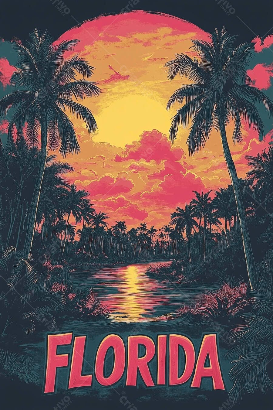 Palmeiras tropicais ao pôr do sol na Flórida arte vintage