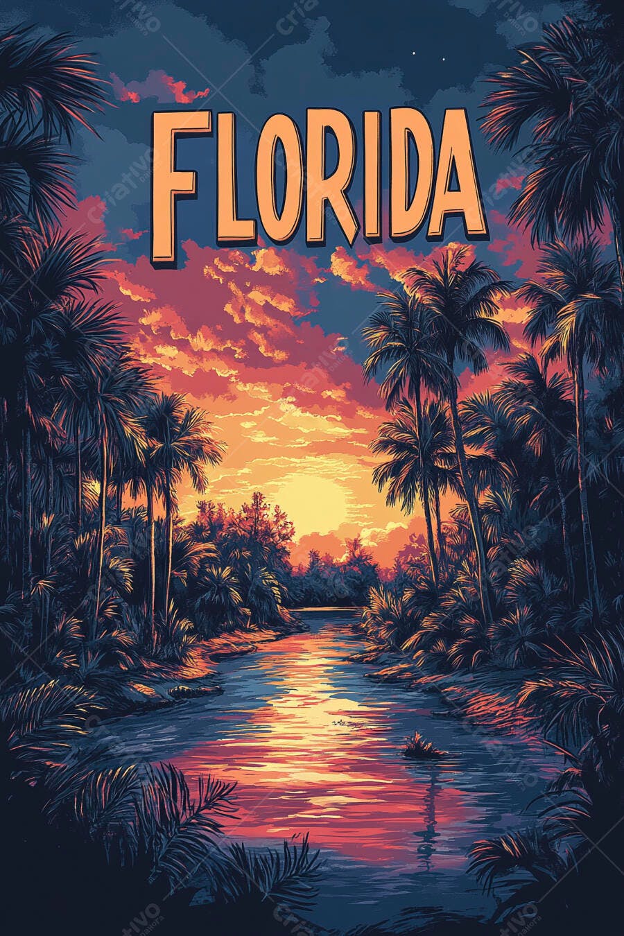 A paisagem tropical da Flórida ao pôr do sol com rio e palmeiras