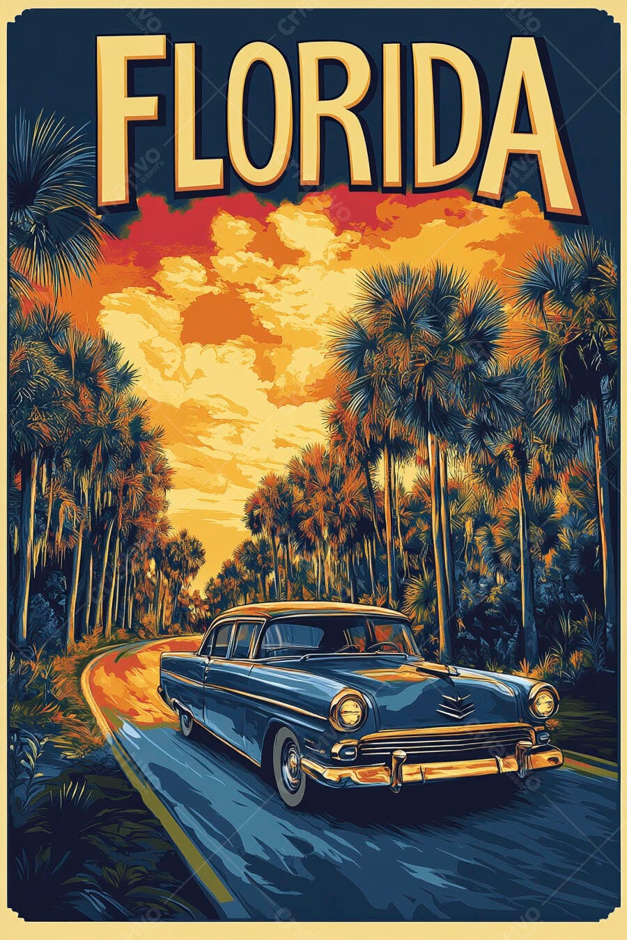 Carro vintage azul em estrada com palmeiras ao pôr do sol na Flórida