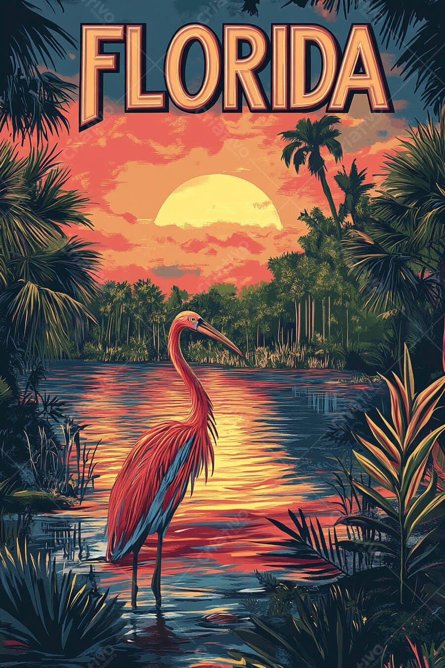 Pássaro aquático vermelho ao pôr do sol na Flórida paisagem tropical