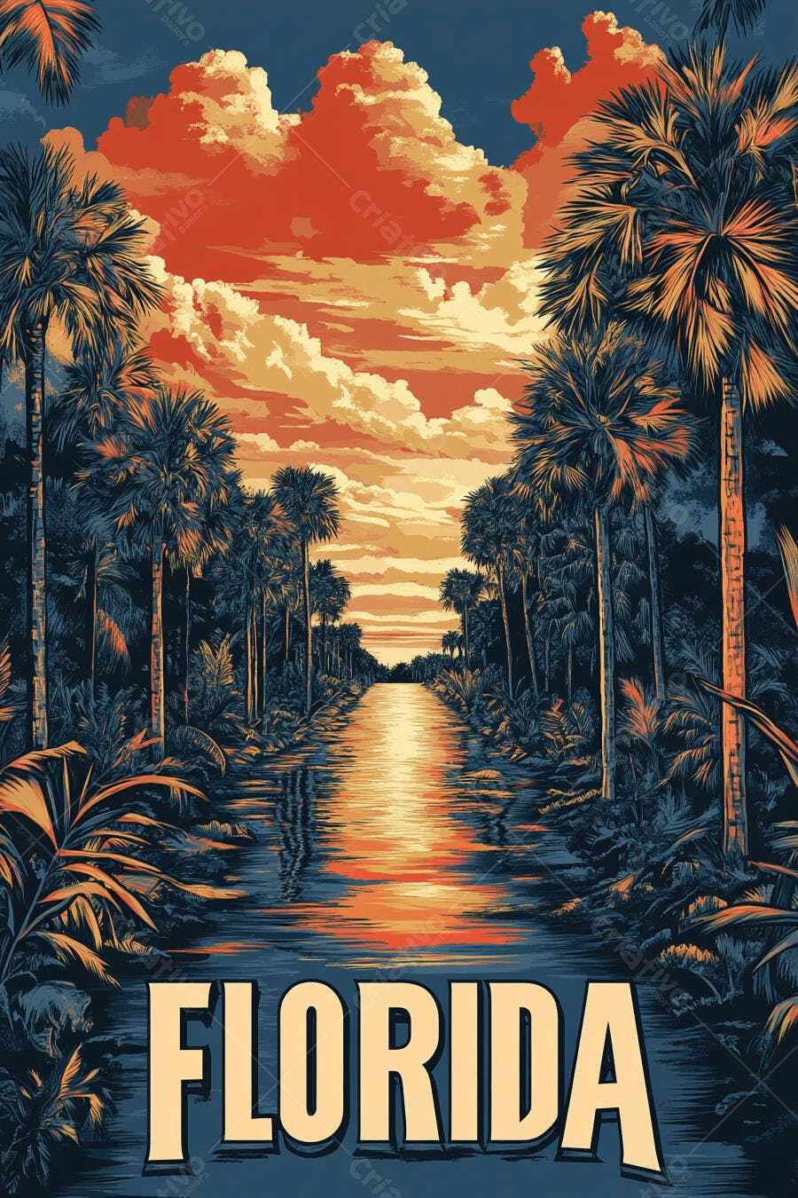 Palmeiras e rio tropical ao pôr do sol na Flórida ilustração vibrante