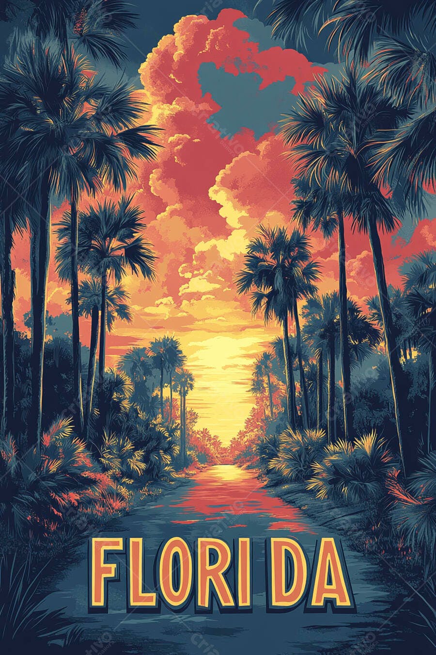Poster de viagem Florida pôr do sol tropical palmeiras vibrantes