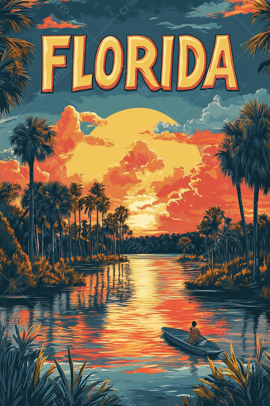 Paisagem Flórida pôr do sol laranja com palmeiras e homem em canoa ilustrada