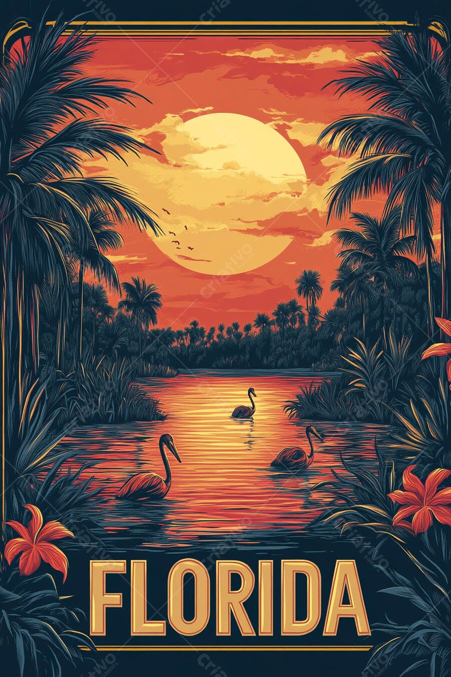 Poster Flórida pôr do sol tropical com cisnes palmeiras e lago laranja