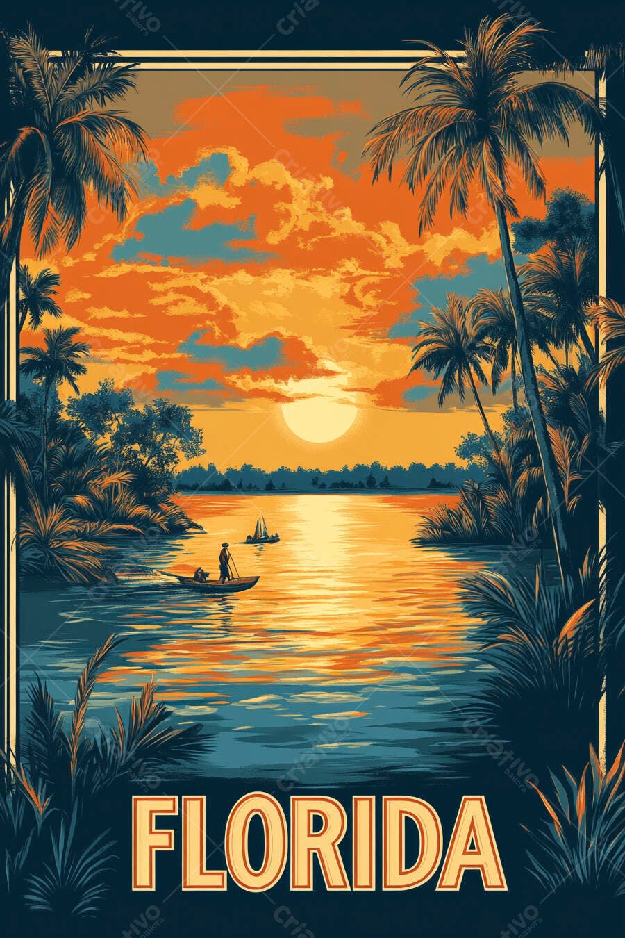 Pôr do sol laranja na Flórida com palmeiras e pescador em barco vintage