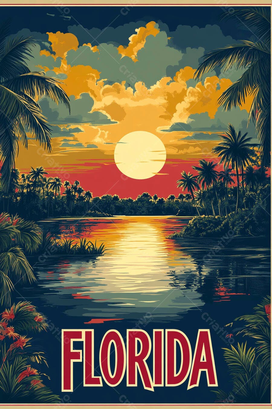 Pôster retro Florida pôr do sol tropical com palmeiras e lago