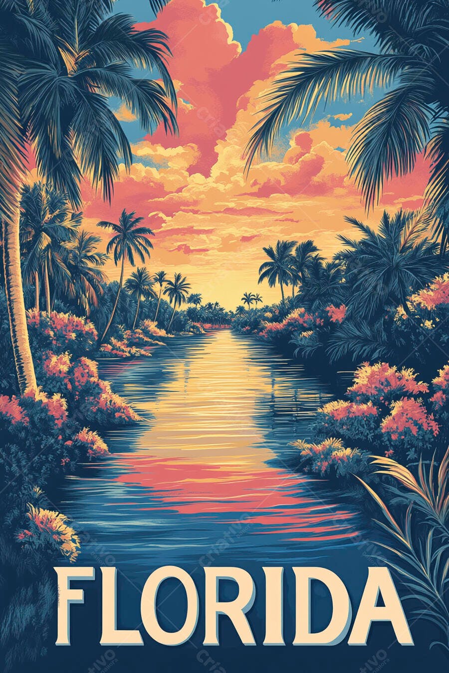 Pôr do sol tropical na Flórida com rio e palmeiras ilustração vintage