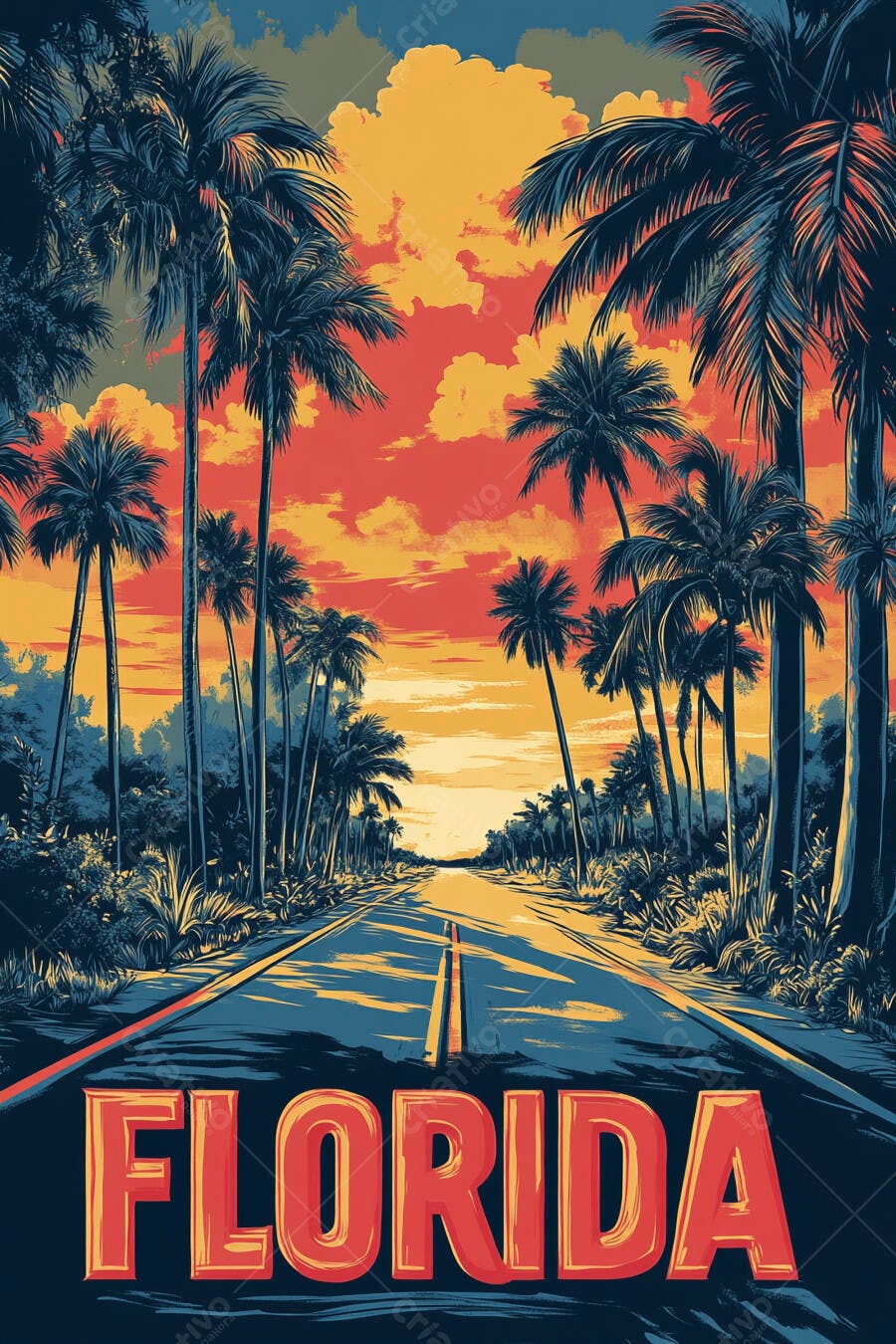 Flórida ilustração pôr do sol com palmeiras e estrada colorida