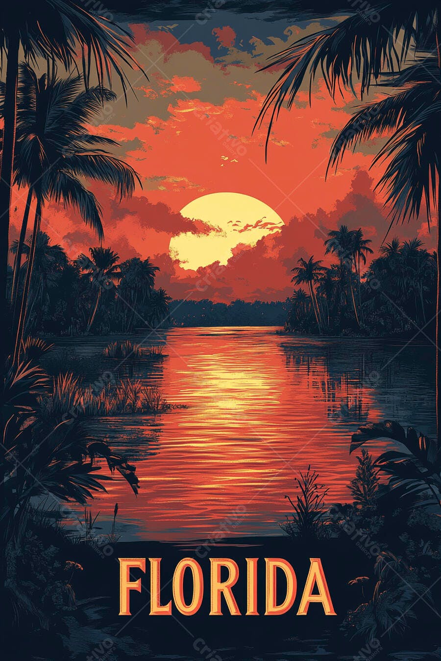 Por do sol laranja em rio tropical da Flórida com palmeiras ilustração