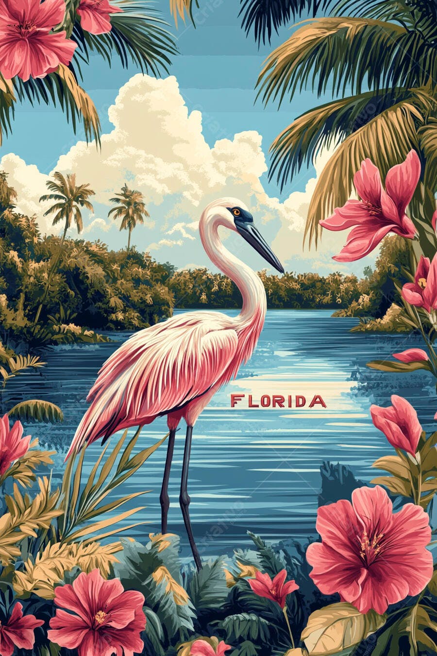Garça rosa em lago tropical da Flórida com palmeiras e flores vibrantes