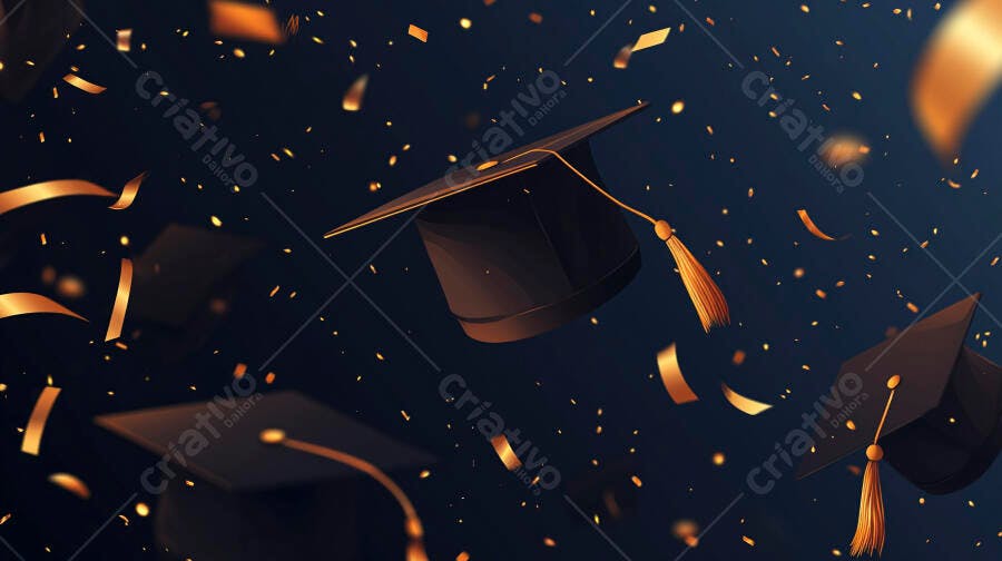 Chapéus de formatura pretos com confetes dourados em fundo azul celebração