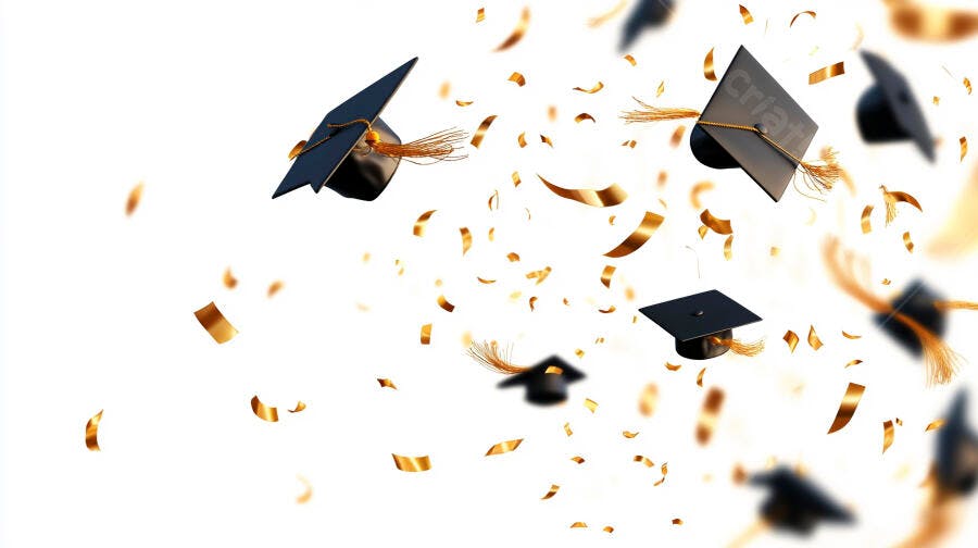 Capelos de formatura pretos e confetes dourados caindo em celebração de graduação