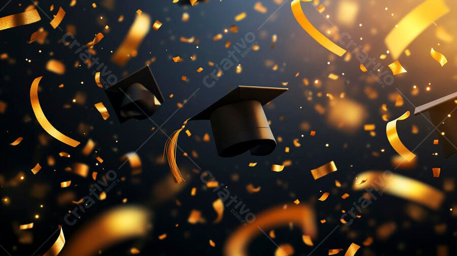 Capelos de formatura voando com confetes dourados em celebração