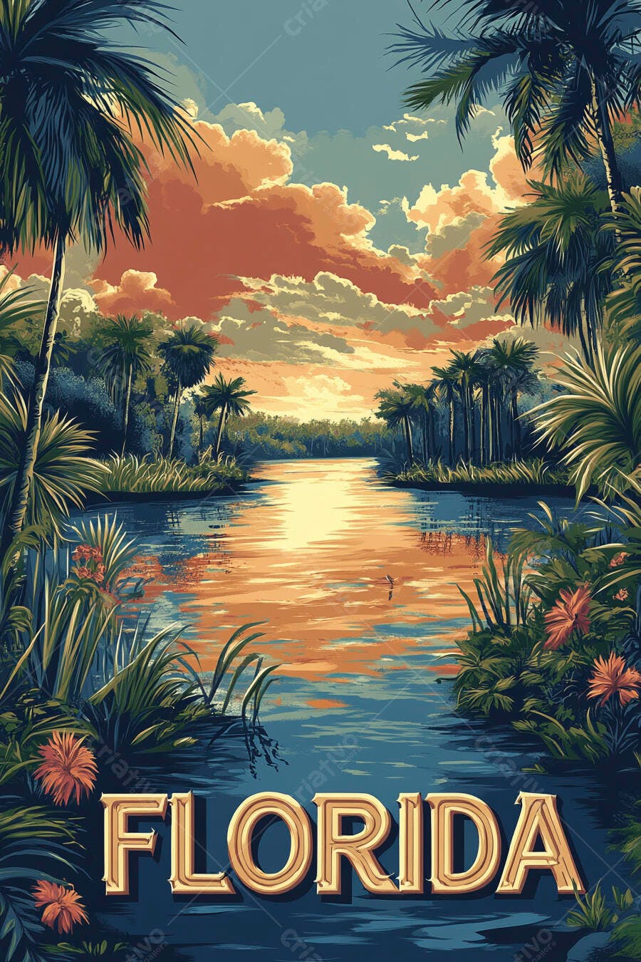 Paisagem Flórida tropical rio com palmeiras e pôr do sol laranja