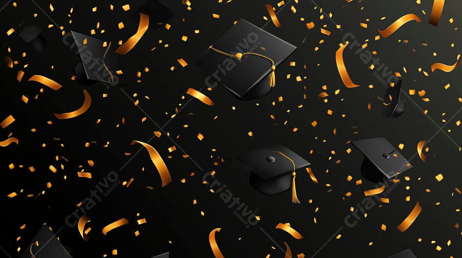 Capelos de formatura pretos e confetes dourados caindo em celebração