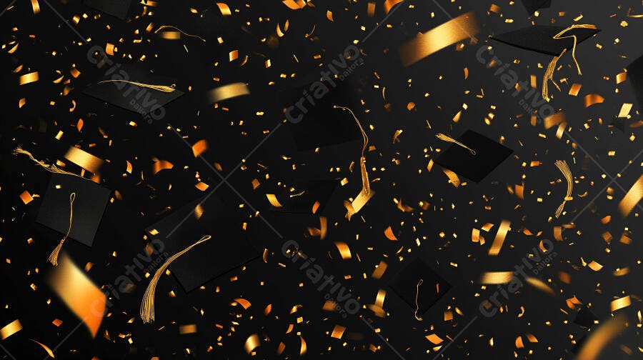 Capelos de formatura pretos e confetes dourados caindo em celebração