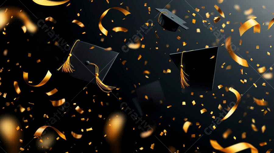 Becas de formatura pretas com confetes e fitas douradas em celebração